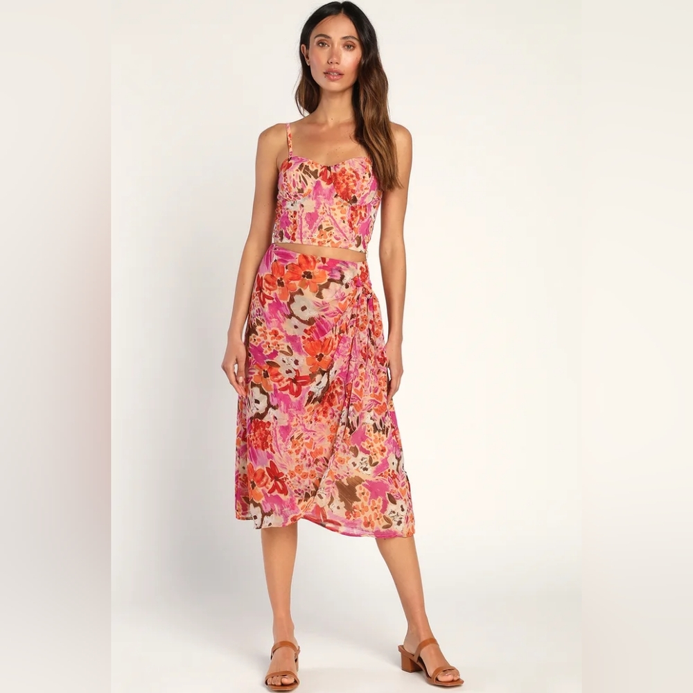 Two piece skirt and crop top in Pink multiprint